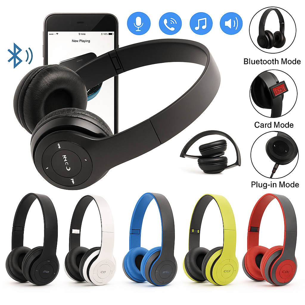 Foldable Wireless Bluetooth Headphones with Built-In Microphone – Stereo Sound
